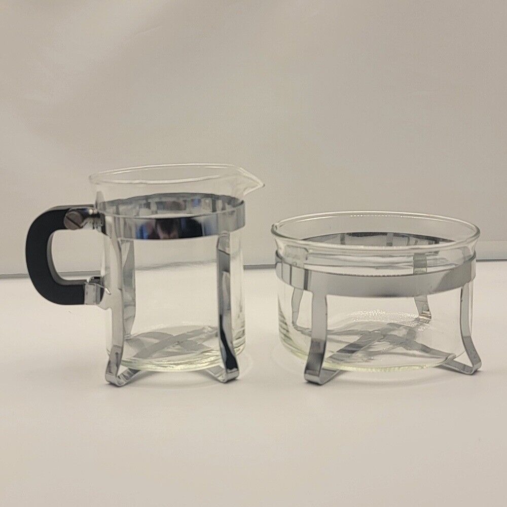 Arcosteel Sugar & Creamer Set Glass Chrome Modern Coffee Tea Serving‎
